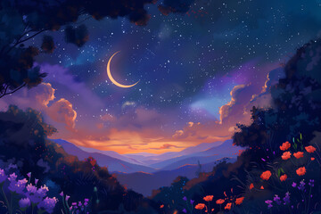 Naklejka premium A digital illustration of various colorful flowers in the foreground and a beautiful starry nightsky with a crescent moon in the background