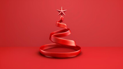 A creative Christmas tree made from a swirling red ribbon with a star on top, set against a red background.