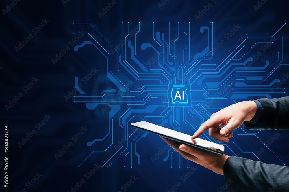Aufkleber close up of male hand using smartphone with creative ai circuit hologram on blue background with moc