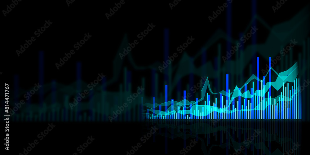 Poster Creative glowing growing forex chart on dark background with mock up place for your ad. Financial growth and stock concept. 3D Rendering.