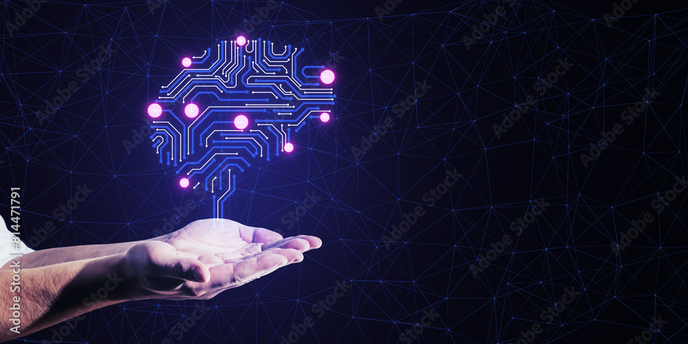Poster Close up of male hands holding creative circuit brain with dots on dark background with mock up place. Artificial intelligence and machine learning concept.