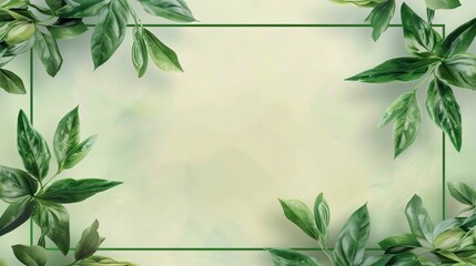 Line frame with green plant and leaves in the style of copy space