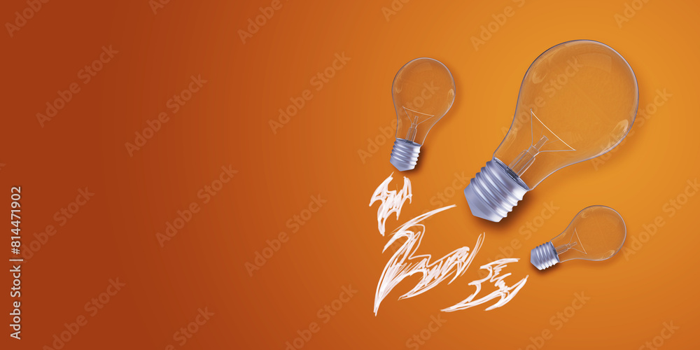 Poster creative flying light bulb sketch on orange background with mock up place. start up ideas, innovatio