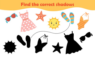 Find the correct shadow, game for children. Summer. Set of elements: sun, flip flops, dress, starfish, sunglasses, swimsuit. Puzzle for kids