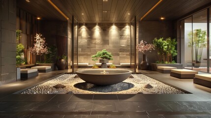 A spa lobby with a zen garden, promoting a calm and peaceful entry for guests.