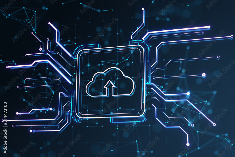 Fototapete Creative square circuit button hologram with cloud icon on dark backdrop. Technology and cloud computing concept. 3D Rendering.