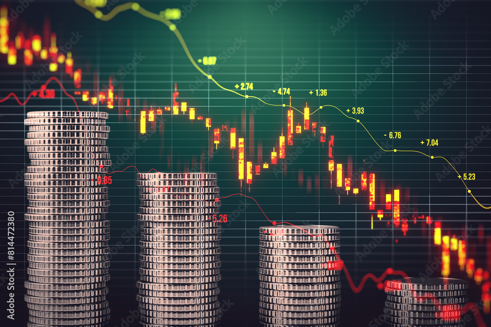 Poster stacked golden coins with falling diagram on green backdrop. stock market crisis or forex trading gr