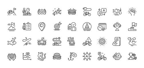 Electric bike, Fishing and Laureate line icons pack. AI, Question and Answer, Map pin icons. Dumbbell, Cardio training, Arena web icon. Yoga, Cardio calendar, Arena stadium pictogram. Vector