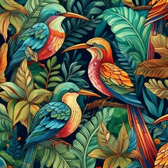 a seamless pattern featuring intricately tropical birds and lush jungle foliage.