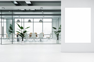 Modern glass meeting room interior and office corridor with empty white mock up banner on wall....