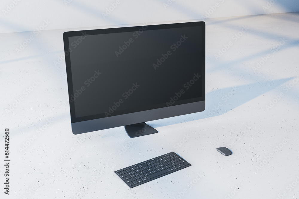 Poster Close up of empty mock up computer monitor on light background. Minimalistic designer desktop concept. 3D Rendering.