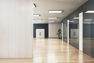 Modern office hallway interior with mock up place on wall, wooden, glass and concrete elements. 3D Rendering.