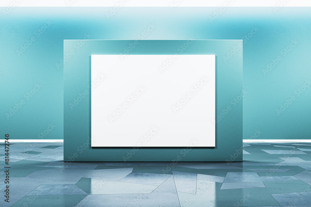 Poster Empty blue gallery wall with white mock up banner. Museum concept. 3D Rendering.