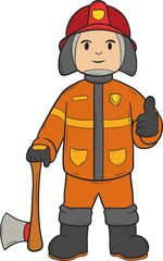 Obraz premium cartoon firefighter is holding an axe and giving a thumbs up