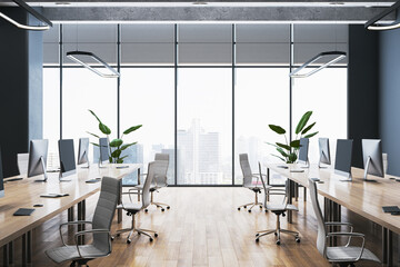 Bright wooden and concrete coworking office interior with panoramic window and city view, furniture and decorative plants, blinds. 3D Rendering.