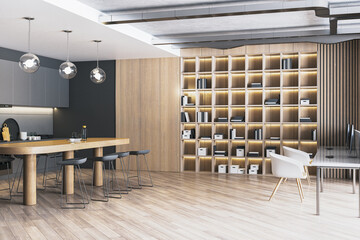 Bright wooden and concrete office interior with bookcase and kitchen. 3D Rendering.