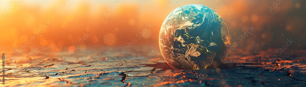 Poster a futuristic and unreal representation of a globe cracking under extreme heat, symbolizing global bo