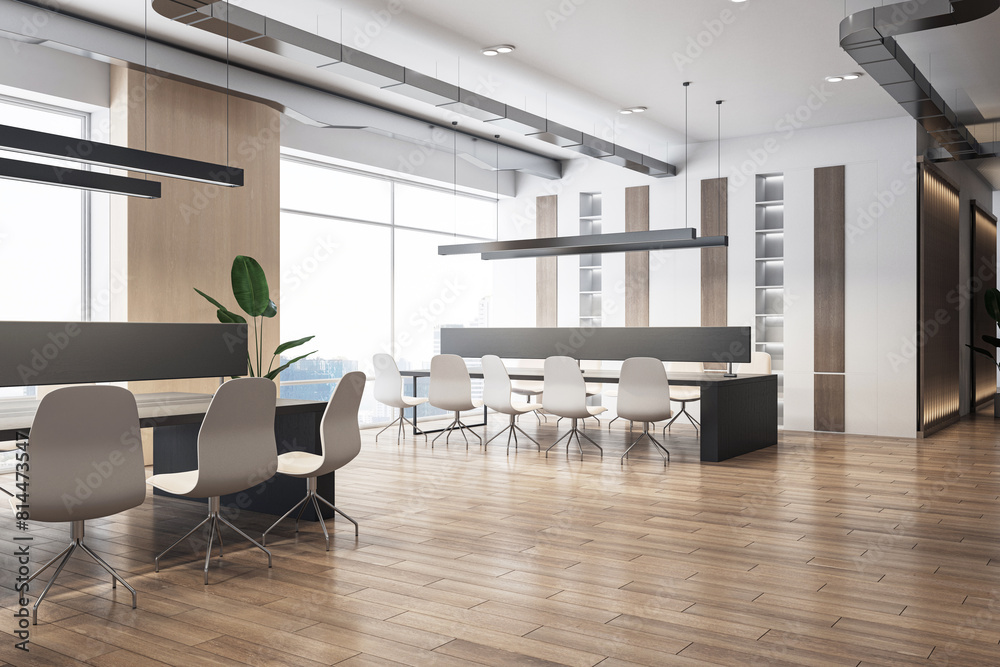 Poster Modern office interior with wooden elements and pendant lighting, city view through windows, empty corporate space concept. 3D Rendering