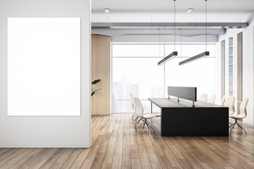 Modern office interior with a blank white poster, wooden elements, and cityscape view. 3D Rendering