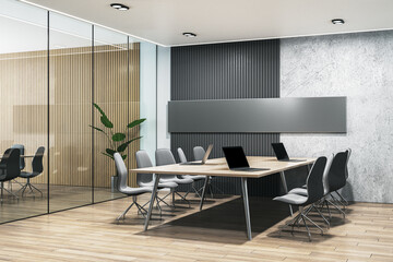Clean concrete, wooden and glass meeting room interior. 3D Rendering.