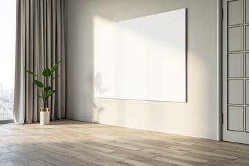 An empty modern interior with a blank poster frame, curtains, and a plant, on a city background, concept of a clean design space. 3D Rendering