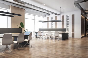 Modern office interior with wooden elements and pendant lighting, city view through windows, empty corporate space concept. 3D Rendering