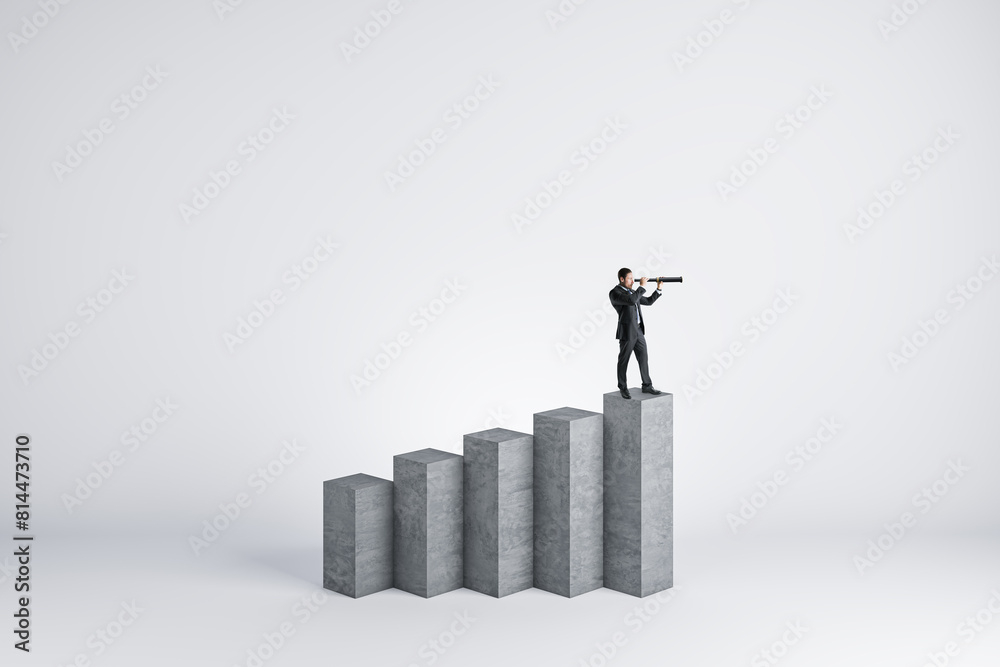 Poster young man with telescope standing on concrete growing business chart and looking into the distance o