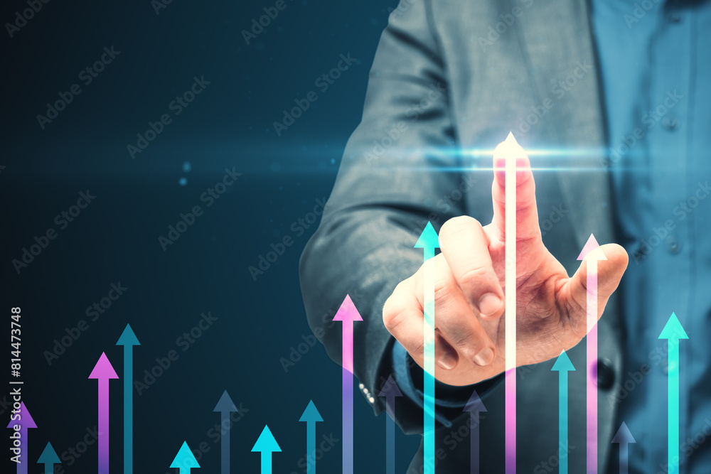 Poster a businessman interacts with a futuristic holographic chart concept on a dark blue background with l