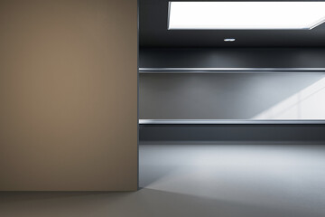 Empty gallery interior with blank wall, modern design shelves on a brown and gray background,...