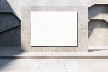 A blank white horizontal poster frame on a concrete wall in a modern gallery setting, concept of a design mockup. 3D Rendering
