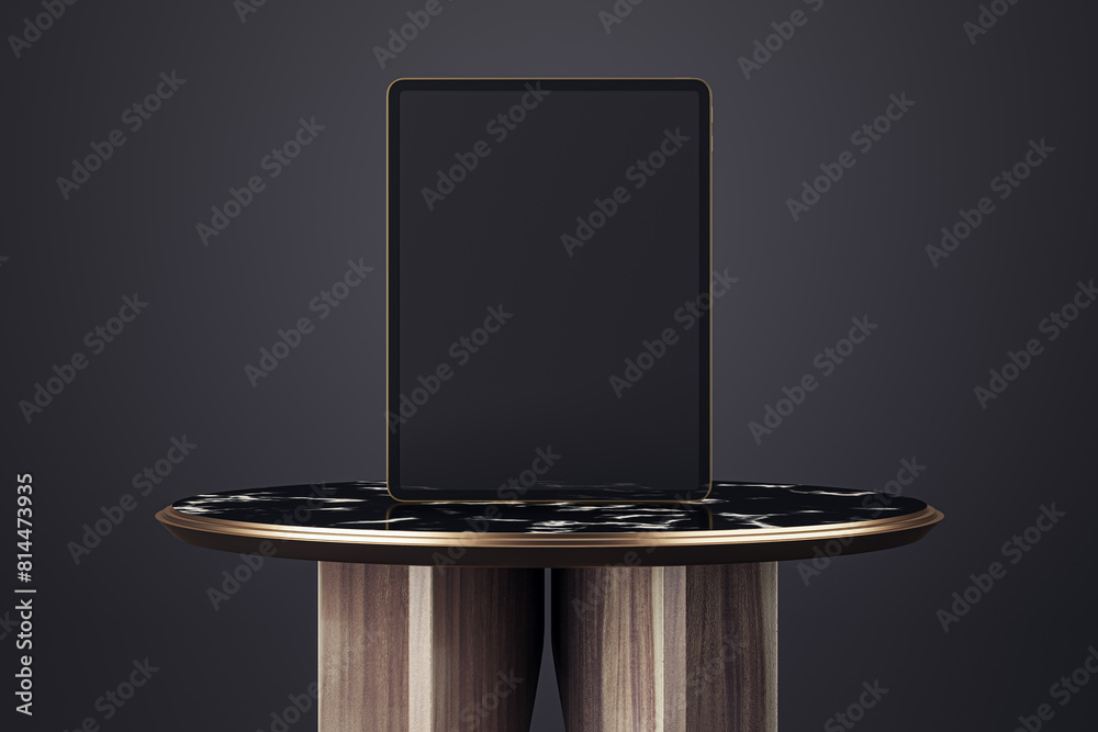 Aufkleber Empty wooden table with empty mock up tablet on black background. 3D Rendering.