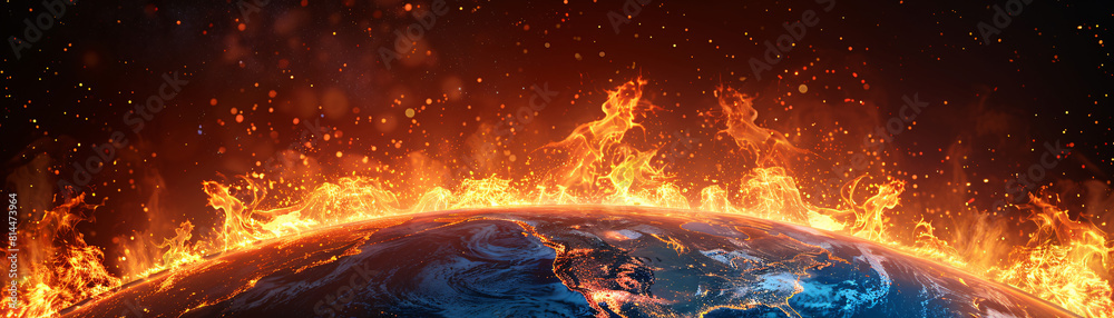 Poster an unreal image of the earth with boiling oceans and fiery landscapes, depicted in a minimalistic st