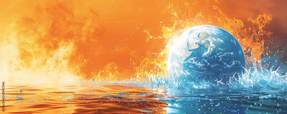 Poster an unreal image of the earth with boiling oceans and fiery landscapes, depicted in a minimalistic st