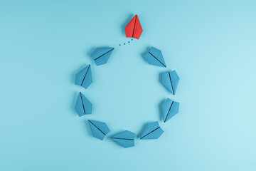 Creative paper planes circle on blue background. Leadership and success concept. 3D Rendering.