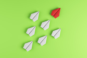 Creative paper planes on green background. Leadership and success concept. 3D Rendering.