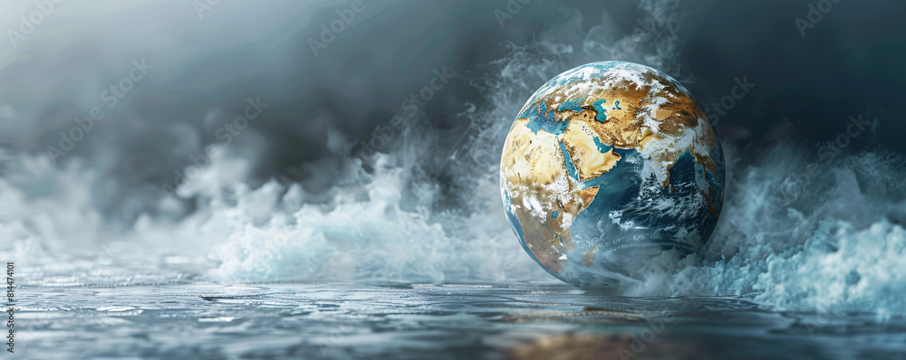 Poster an unreal image of the earth with boiling oceans and fiery landscapes, depicted in a minimalistic st