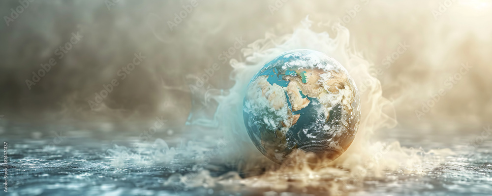 Poster an unreal image of the earth with boiling oceans and fiery landscapes, depicted in a minimalistic st