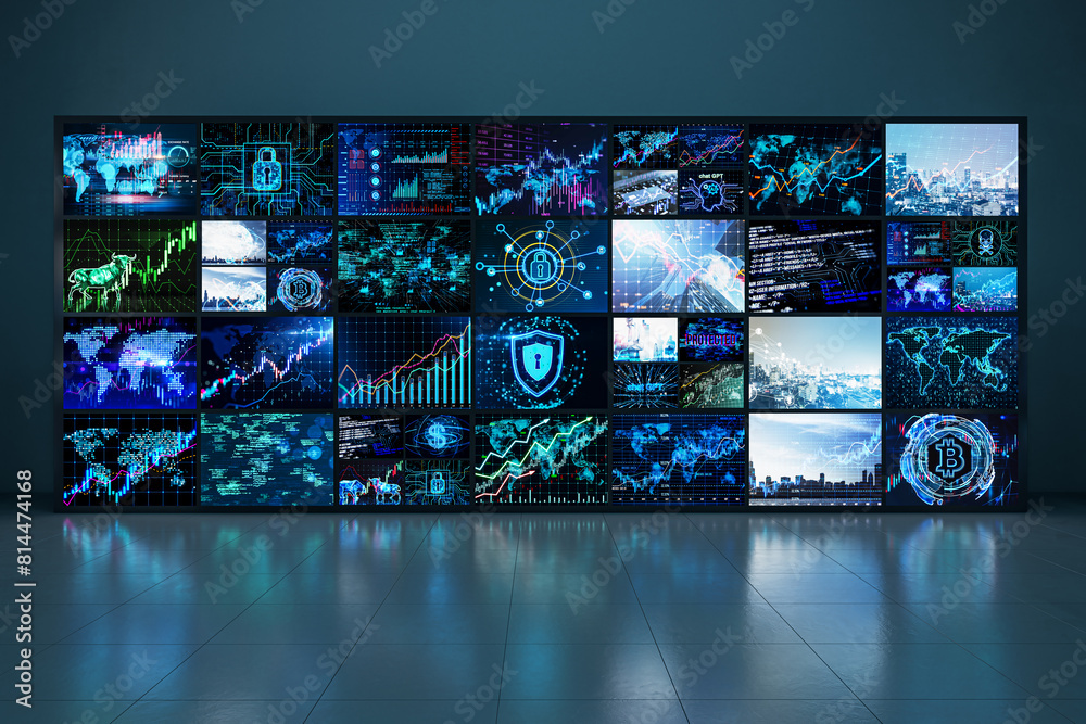 Poster abstract dark screen room with reflections on floor. information leak, news and security concept. 3d