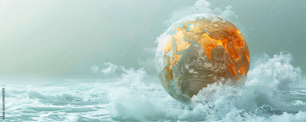 Poster an unreal image of the earth with boiling oceans and fiery landscapes, depicted in a minimalistic st