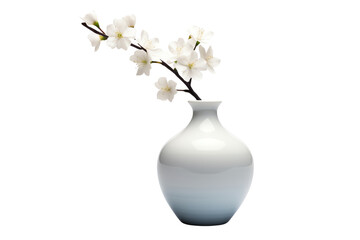 A photo of a white vase with white flowers. The vase is sitting on a black table with a black background.