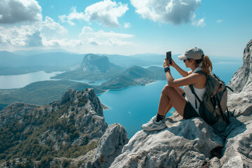 Adventurous female hiker capturing the breathtaking view of a mountainous lake landscape on her smartphone - AI generated