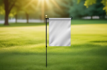 Blank garden flag on green grass on the park background. Garden flag mockup