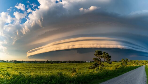A severe thunderstorm shelf cloud races across the country side on a summer afternoon