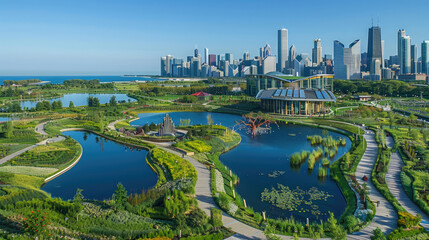 A panoramic view of formation Lipalius Park in Chicago, with the city skyline and skyscrapers...