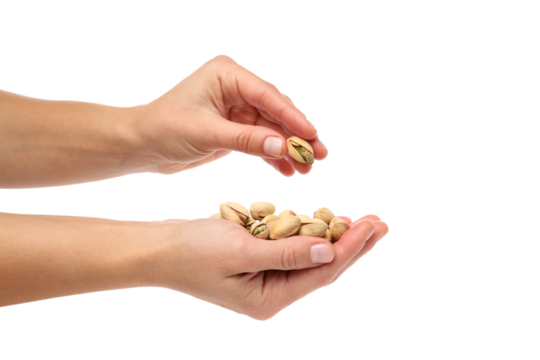 PNG, pistachios in hands, isolated on white background. - Powered by Adobe