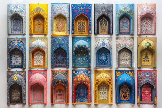 Collection of colorful, ornate mihrabs showcasing Islamic art, suitable for historical or religious contexts. Card for an Islamic holiday.
