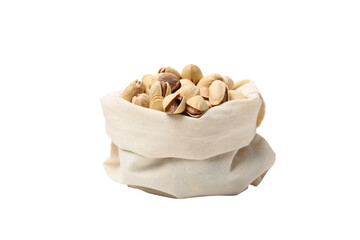 PNG, pistachios in a linen sack, isolated on a white background.