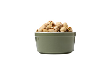 PNG, pistachios in a plate, isolated on white background.