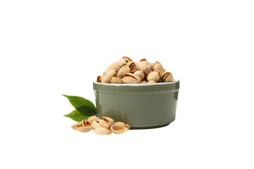 PNG, pistachios in a plate, isolated on white background.