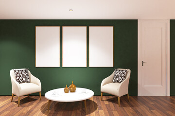 3d render of hallway interior, side the door there is armchairs, table and frame mock up. Wood parquet floor, green wall and white ceiling. Set 3